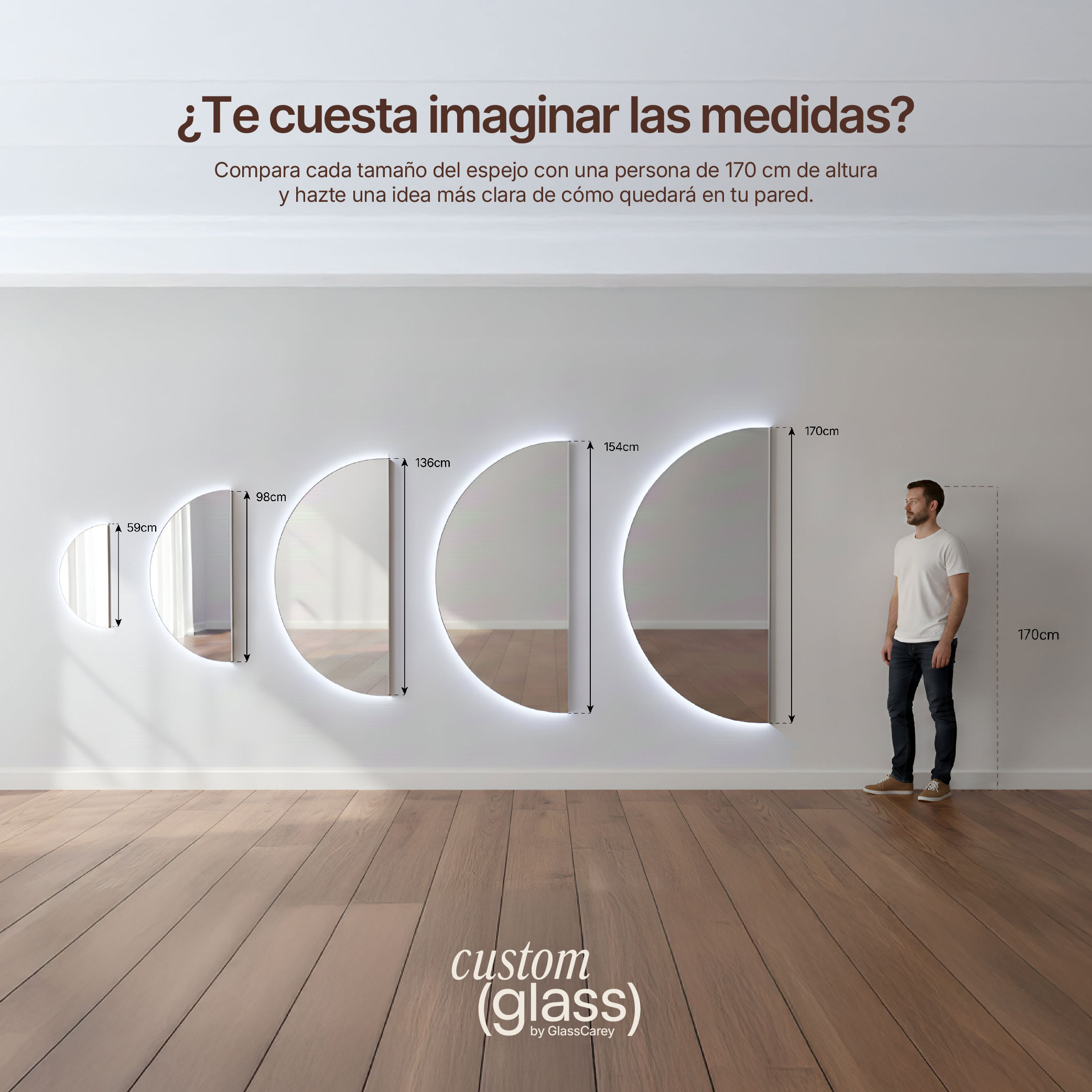 Comparativa de tamaños del espejo semicircular LED con referencia de altura de 170 cm