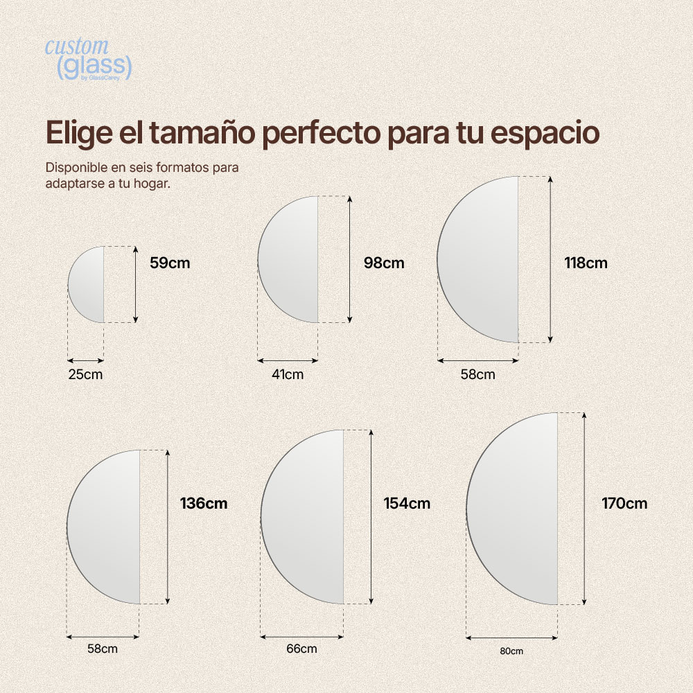 Medidas disponibles del espejo semicircular LED de 59, 98, 118, 136, 154 y 170 cm