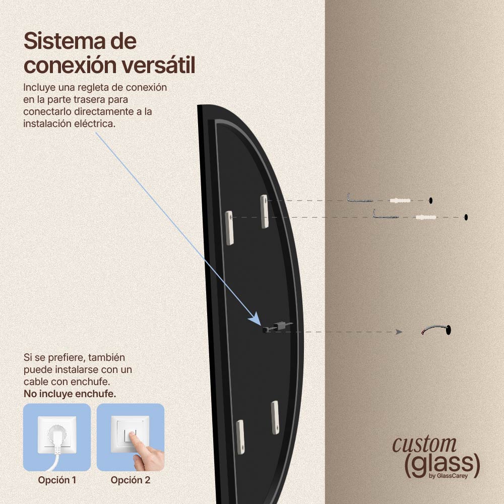 Sistema de conexión eléctrica del espejo semicircular LED con regleta integrada