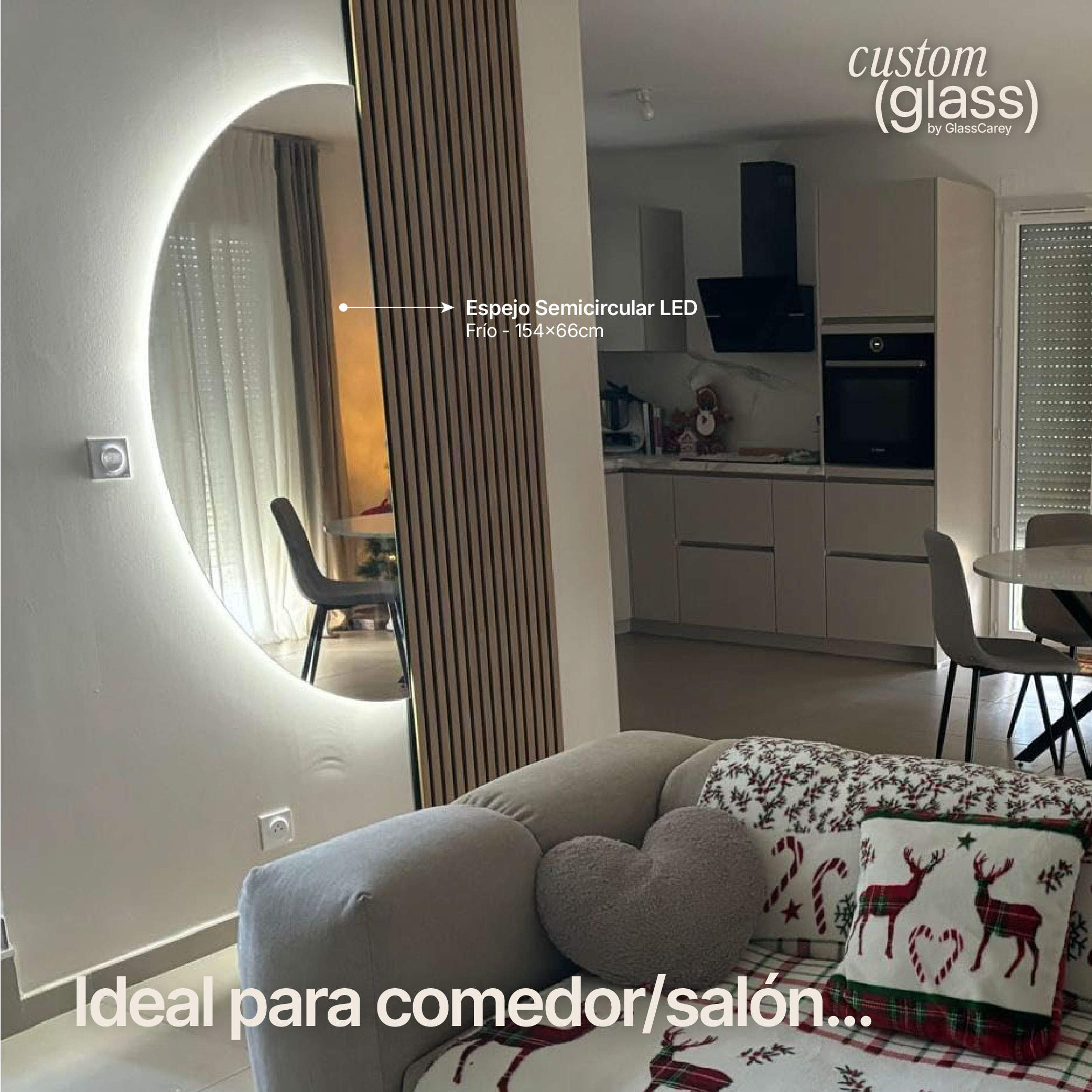 Espejo semicircular LED 154x66 cm para salón o comedor con luz fría 6000K