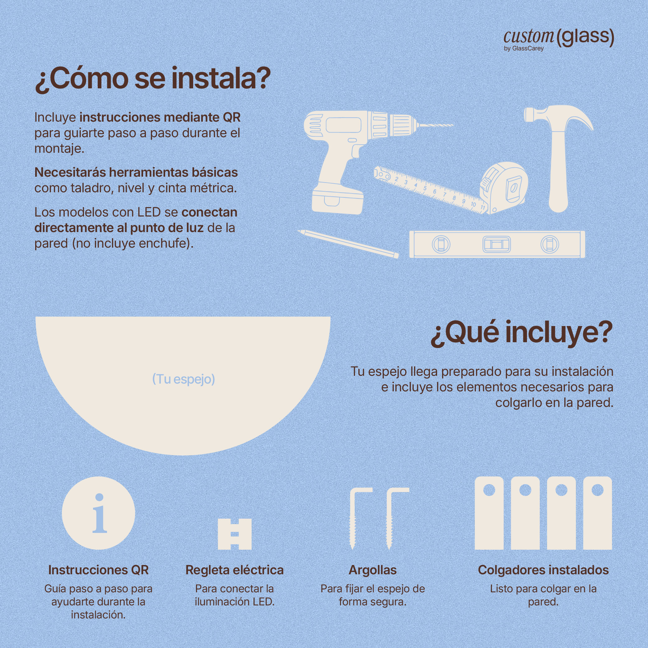 Instalación del espejo semicircular LED y elementos incluidos para montaje
