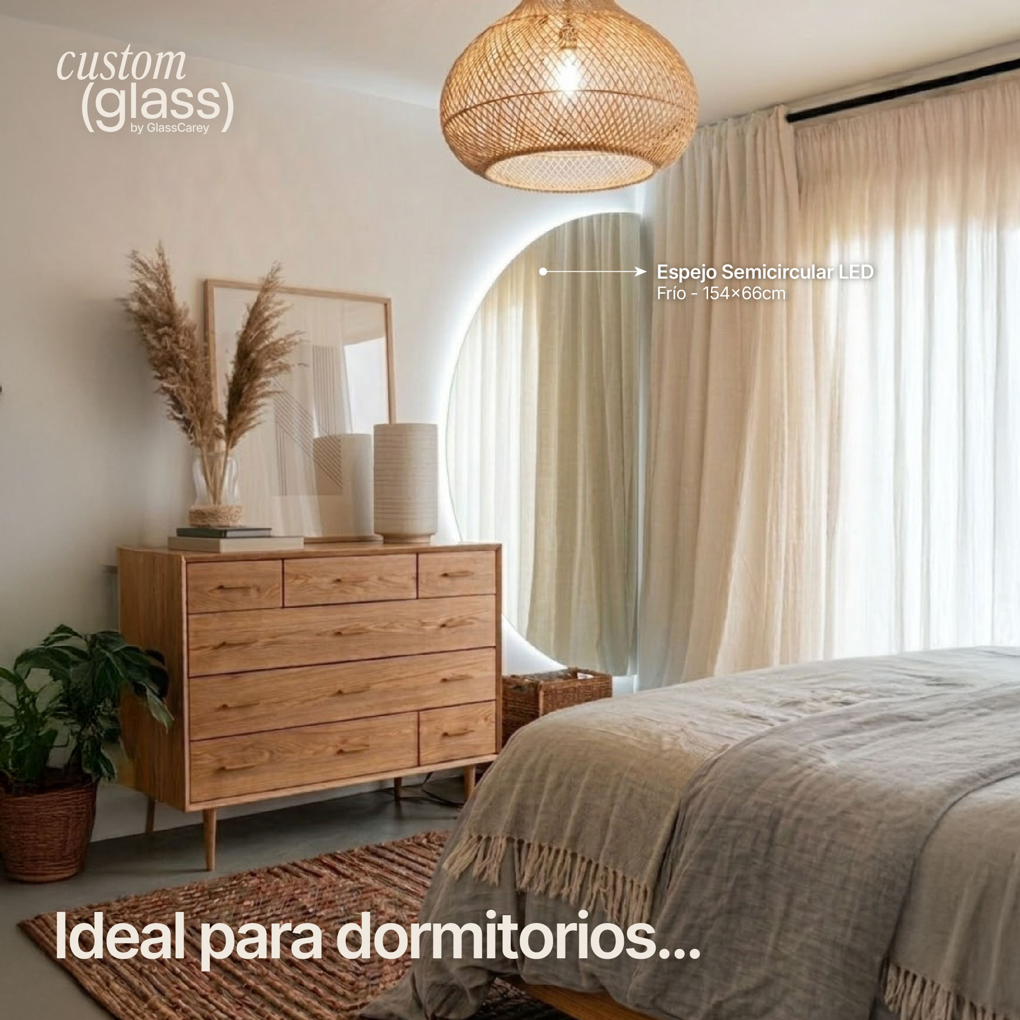Espejo semicircular LED 154x66 cm para dormitorio moderno con iluminación perimetral
