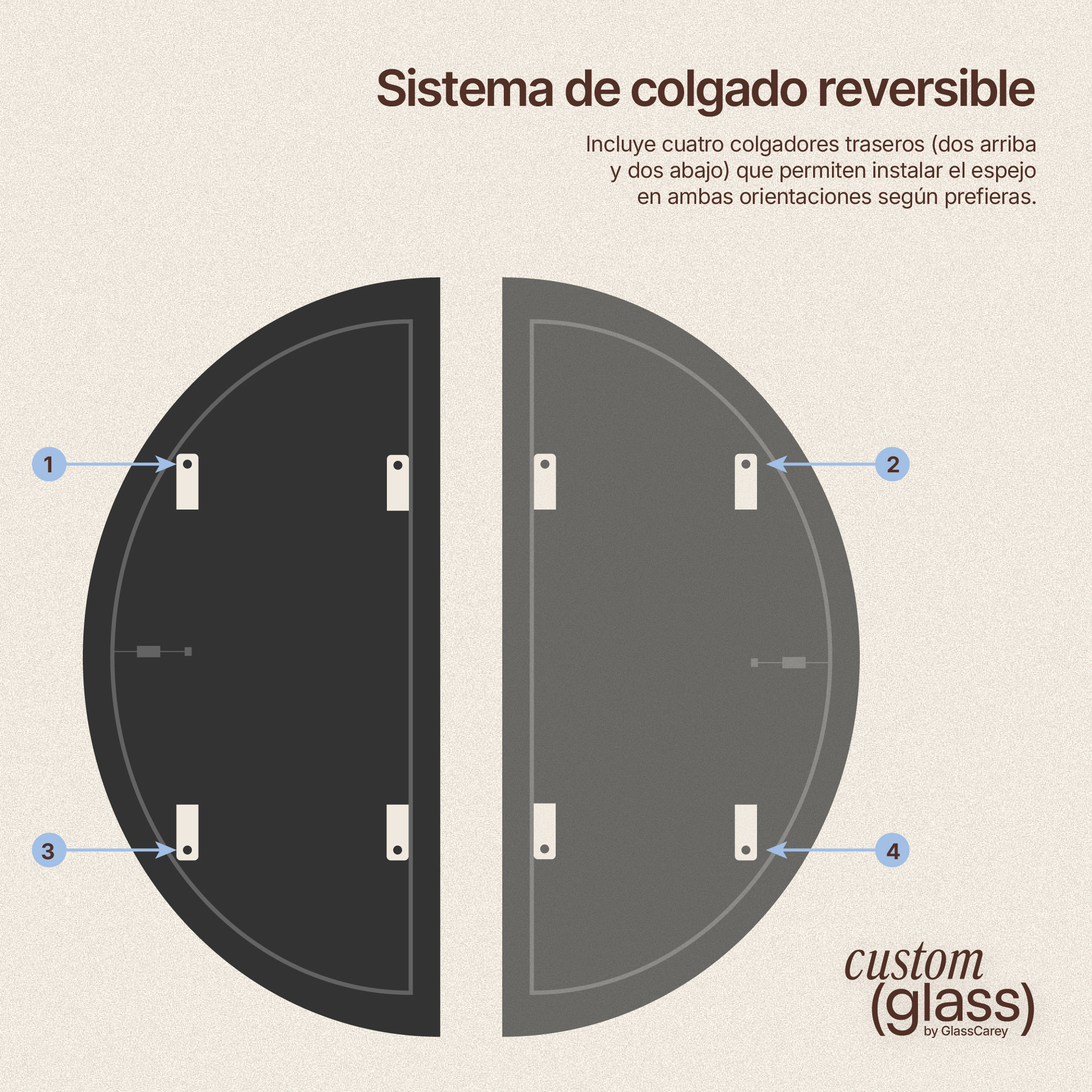 Sistema de colgado reversible del espejo semicircular LED para ambas orientaciones