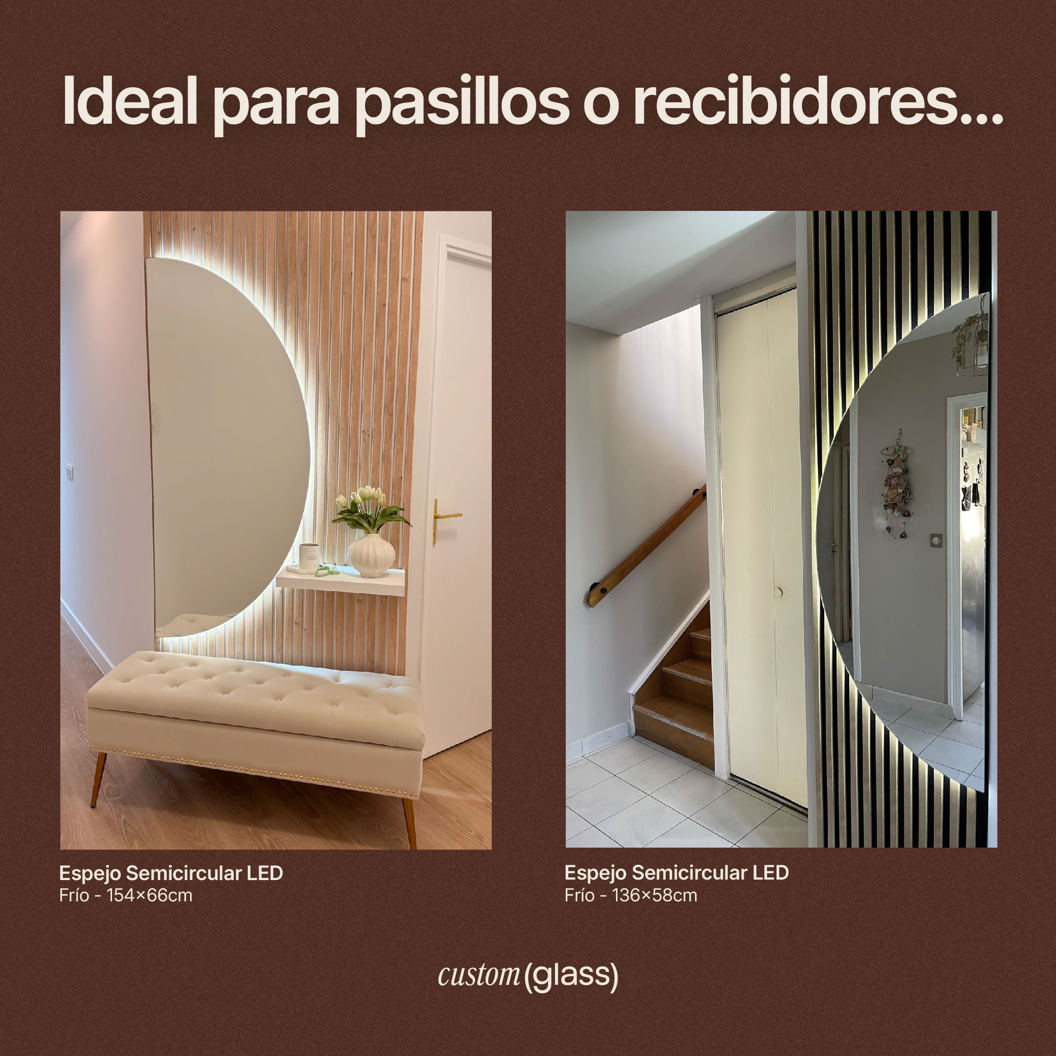 Espejo semicircular LED 136x58 cm y 154x66 cm para recibidores y pasillos